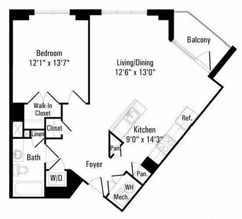 Floor plan for 1 bed, 1 bath, 780 sqft